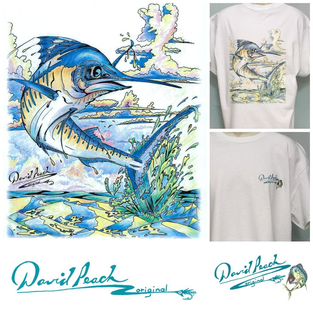 Beautiful NWOT L / XL Fisherman's T-Shirt Sailfish Marlin in the Air  Pastel Sky